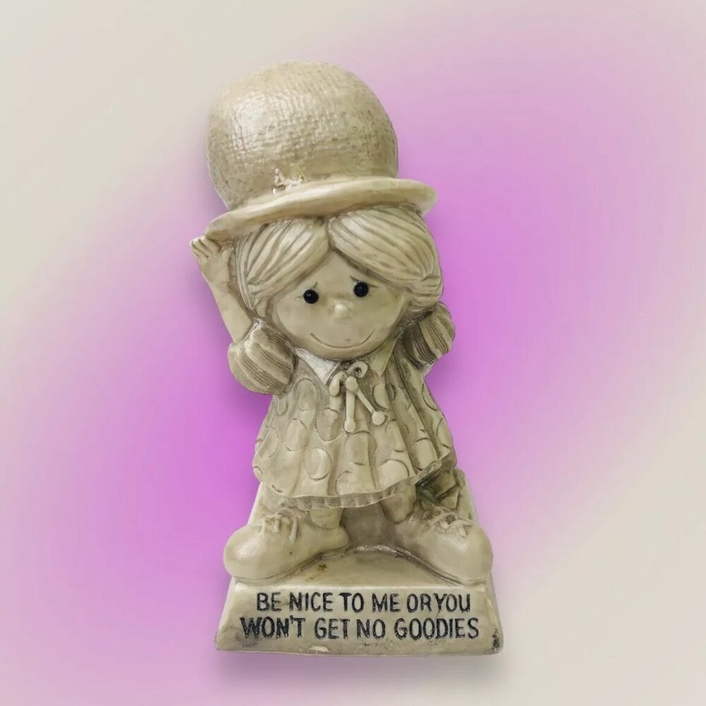 Vintage 70s Girl Statue Be Nice to Me or You Won't Get Goodies W R Berries Resin